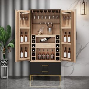 Black Bar Cabinet with Door Modern Storage Home Bar Cabinet with Glass Rack&Drawers