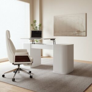 Modern White Standing Computer Desk with 2 Doors and Storage Office Desk (59.8" )