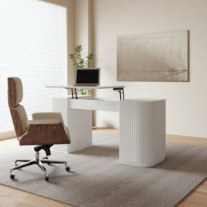 Modern White Standing Computer Desk & Upholstered Swivel Task Chair Set (59.8" )