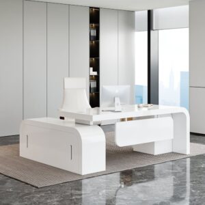 L-shaped Modern Executive Desk & Reclining Leather Office Desk Chair High Back