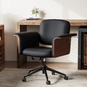 Wood & Faux Leather Office Chair - Ergonomic Adjustable Swivel (Black)