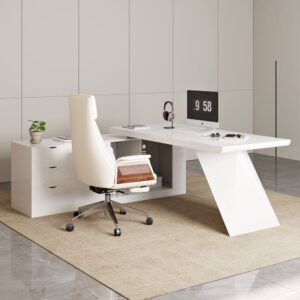 Modern White Large L-Shape Executive Desk with Drawers & Leather Office Desk Chair Set