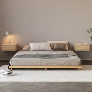 Japanese Style Queen Low Bed Frame Natural Floor Bed & Floating Wooden Nightstands Set