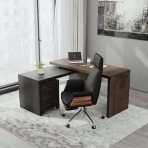 Modern Rotatable L-Shaped Executive Desk & Swivel Black Leather Office Desk Chair Set