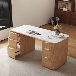 Modern White Ash Wood & Sintered Stone Rectangle Desk with 6 Drawers (63.8")