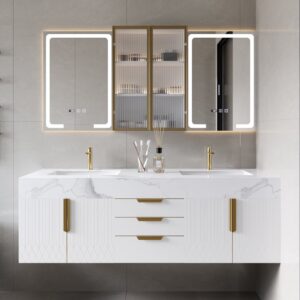 59" Double Sink Floating Vanity Set with LED Medicine Cabinet with Storage