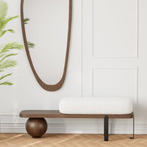 Walnut & Black Wooden Entryway Bench Fleece Upholstered with Abstract Metal Legs