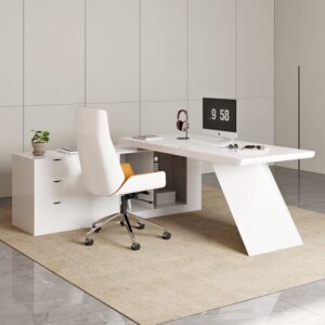 Modern White Large L-Shape Executive Desk with Drawers & Faux Leather Office Chair Set