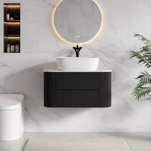 Black Fluted Bathroom Vanity Set 31.5" Floating Bathroom Vanity with Vessel Sink