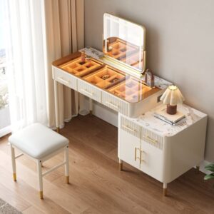 White Glass Sintered Stone Top Makeup Vanity Set with Mirror