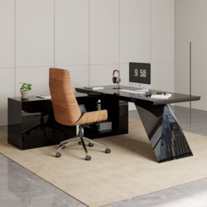 Modern Black L-Shape Executive Desk with Drawers & Black Faux Leather Office Desk Chair