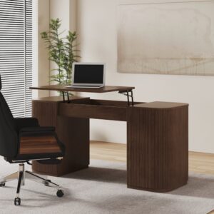 Modern Walnut Standing Writing Desk & Black leather Office Desk Chair Set (59.8" )