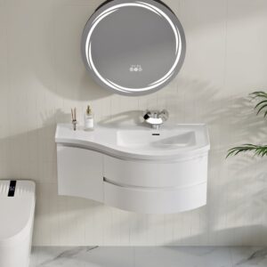 Floating Curved Bathroom Vanity in White & Round LED Medicine Cabinet Set Right Offset