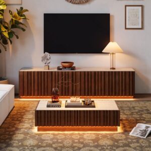 Aura 83" Ash Wood Slatted Walnut TV Stand Coffee Table Set with Sintered Stone Top