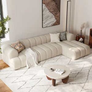 118" Channel Chenille Sectional Sofa & Beige & Walnut Coffee Table Concrete Set