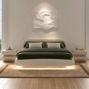 King Size Boucle Upholstered Floating Bed Set with Leather 2-Drawer Nightstand