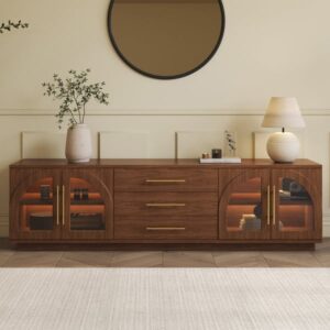 Arune 72" Arched Glass Doors Walnut TV Stand with Storage and LED