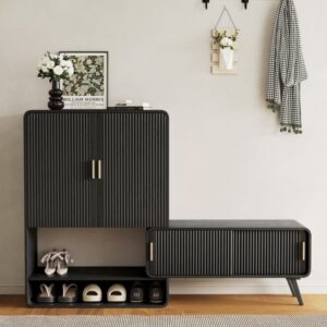 37" Ash Wood Veneer Shoe Storage Fluted Entryway Cabinet