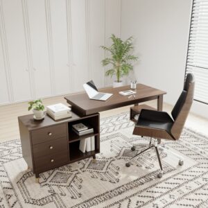 Ultic Walnut L Shaped Home Office Desk & Faux Leather Office Chair Set with Wheels