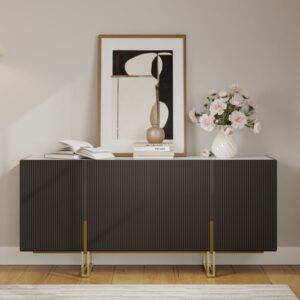 Grovyn 63" Buffet Sideboard Sintered Stone Top Black Fluted with Adjustable Shelves