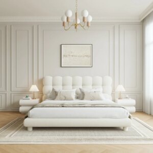 White Boucle Upholstered Platform Bubble King Bed Frame & 2 Smart Nightstands Set