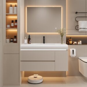 39" Wall Hung Bathroom Vanity White with Ample Storages and Adjustable Light
