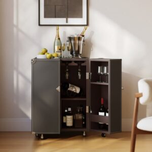 Saddle Leather Mobile Wine Cabinet with Glass Racks and Storage Doors
