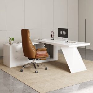 Modern White Large L-Shape Executive Desk with Drawers & Leather Office Desk Chair Set