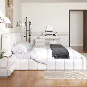 Humply White Leather Wingback King Bed Frame & Makeup Vanity Set