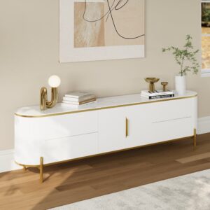 86.6" Modern Elegant Oval TV Console with Drawers & Doors in White