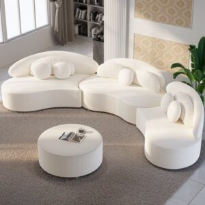 146" 4-Piece Curved Boucle Sectional Sofa with Ottoman & Pillows