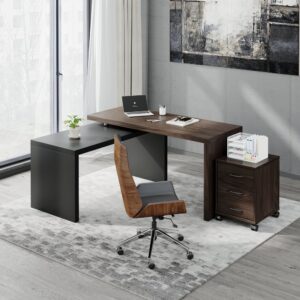 Modern Rotatable L-Shaped Executive Desk & Upholstered Swivel Task Chair Set (59.8" )