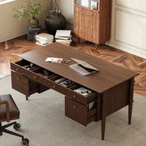 64" Mid-century Style Walnut Wood Home Office Desk with 6 Drawers