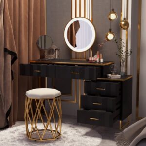 Modern black extendable dressing table with 5 drawers and dressing table with stool and mirror