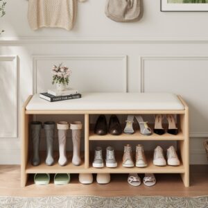 40" Wood Shoe Storage Entryway Bench Leather Upholstered