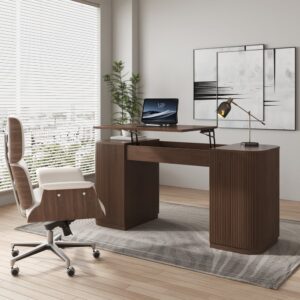 Modern Walnut Standing Computer Desk & Upholstered Swivel Task Chair Set (59.8" )