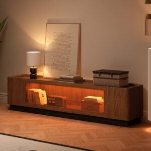 79" Walnut Glass Door TV Stand with Storage and LED