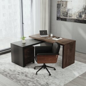 Modern Rotatable L-Shaped Executive Desk & Swivel Black Faux Leather Office Chair Set