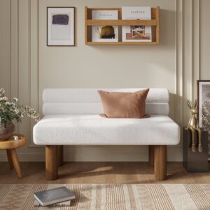 Boucle Solid Wood Walnut Upholstered Entryway Bench