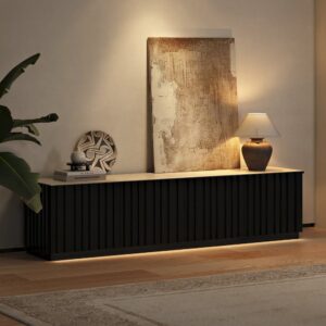 Aura 83" Ash Wood Fluted Black TV Stand with Sintered Stone Top