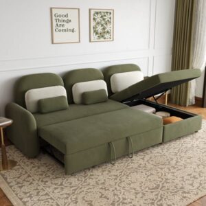 Modern Green L Shape Convertible Sofa Bed with Storage & Side Table