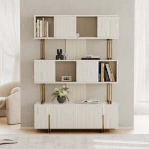 66.9" Off-white Sliding Door Etagere Bookshelf 5-Shelf Tall Book Shelf Rich Storage