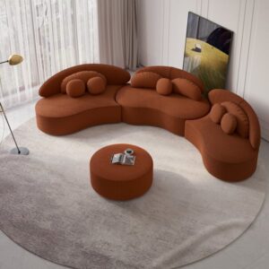 146" 4-Piece Curved Boucle Sectional Sofa with Ottoman & Pillows