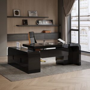 70.9" Black L-shaped Modern Executive Desk Right Hand & Reclining Leather Office Chair