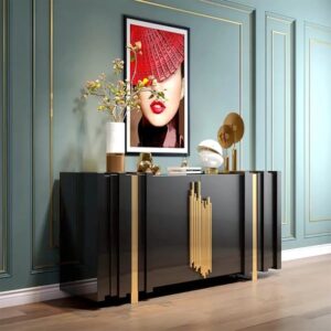Aurea 63" Light Luxury Sideboard Black Rectangular Buffet with 2 Doors 2 Shelves in Gold
