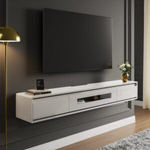 59.1" White Smooth TV Stand Postmodern Minimalist Floating Media Console with Storage
