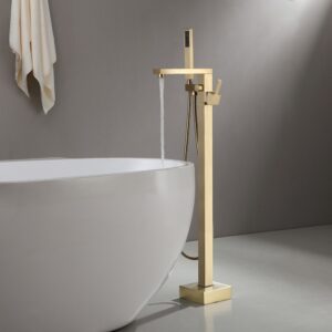 Freestanding Bathtub Faucet Gold Brushed Brass with Hand Shower