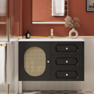 31" Black Floating Bathroom Vanity Set Undermount Ceramic Sink with Rattan Door Cabinet