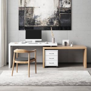 Modern Swivel Desk & Off White Home Office Chair Set Movable File Cabinet L-Shaped