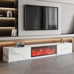 71" Marble Veneer Electric Fireplace TV Stand with 2 Drawers